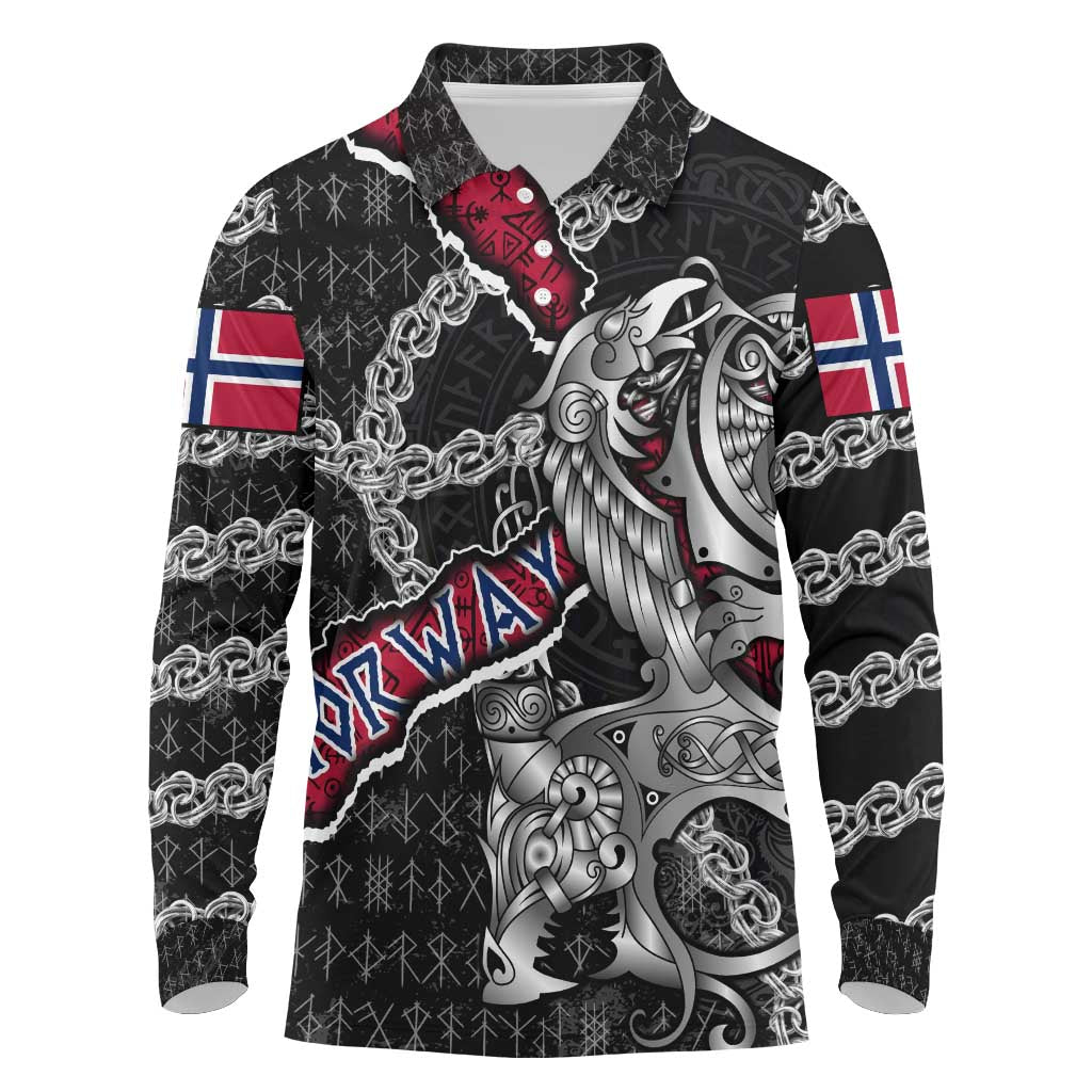 Personalized Norway Vikings Long Sleeve Polo Shirt Nordic Lion Bound in Runes and Chains