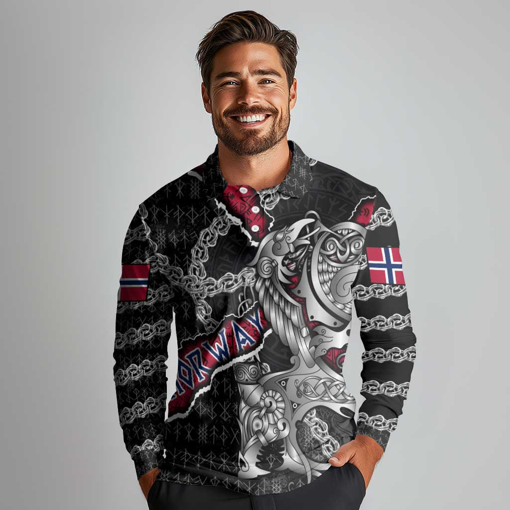 Personalized Norway Vikings Long Sleeve Polo Shirt Nordic Lion Bound in Runes and Chains