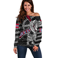 Personalized Norway Vikings Off Shoulder Sweater Nordic Lion Bound in Runes and Chains