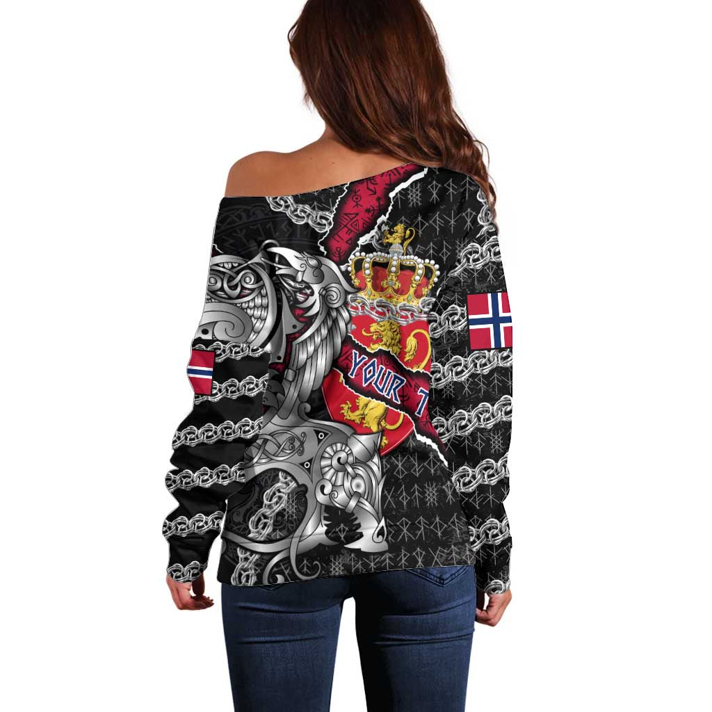 Personalized Norway Vikings Off Shoulder Sweater Nordic Lion Bound in Runes and Chains