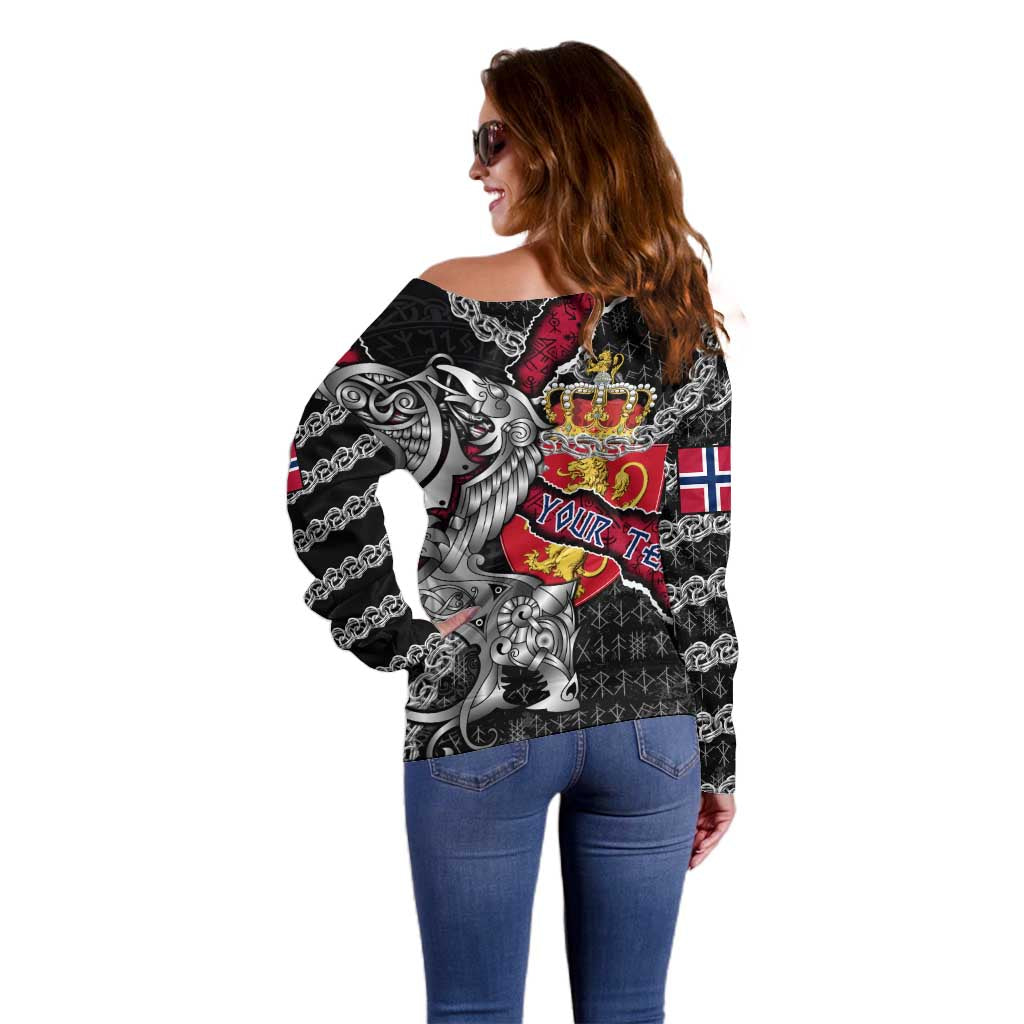 Personalized Norway Vikings Off Shoulder Sweater Nordic Lion Bound in Runes and Chains