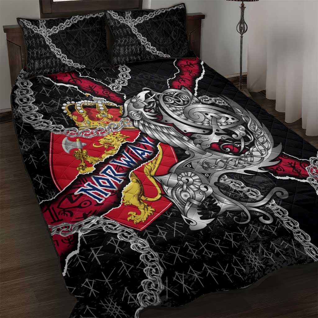 Norway Vikings Quilt Bed Set Nordic Lion Bound in Runes and Chains