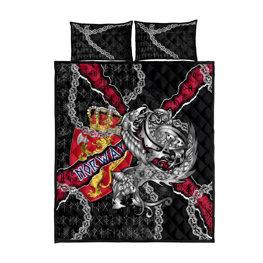 Norway Vikings Quilt Bed Set Nordic Lion Bound in Runes and Chains