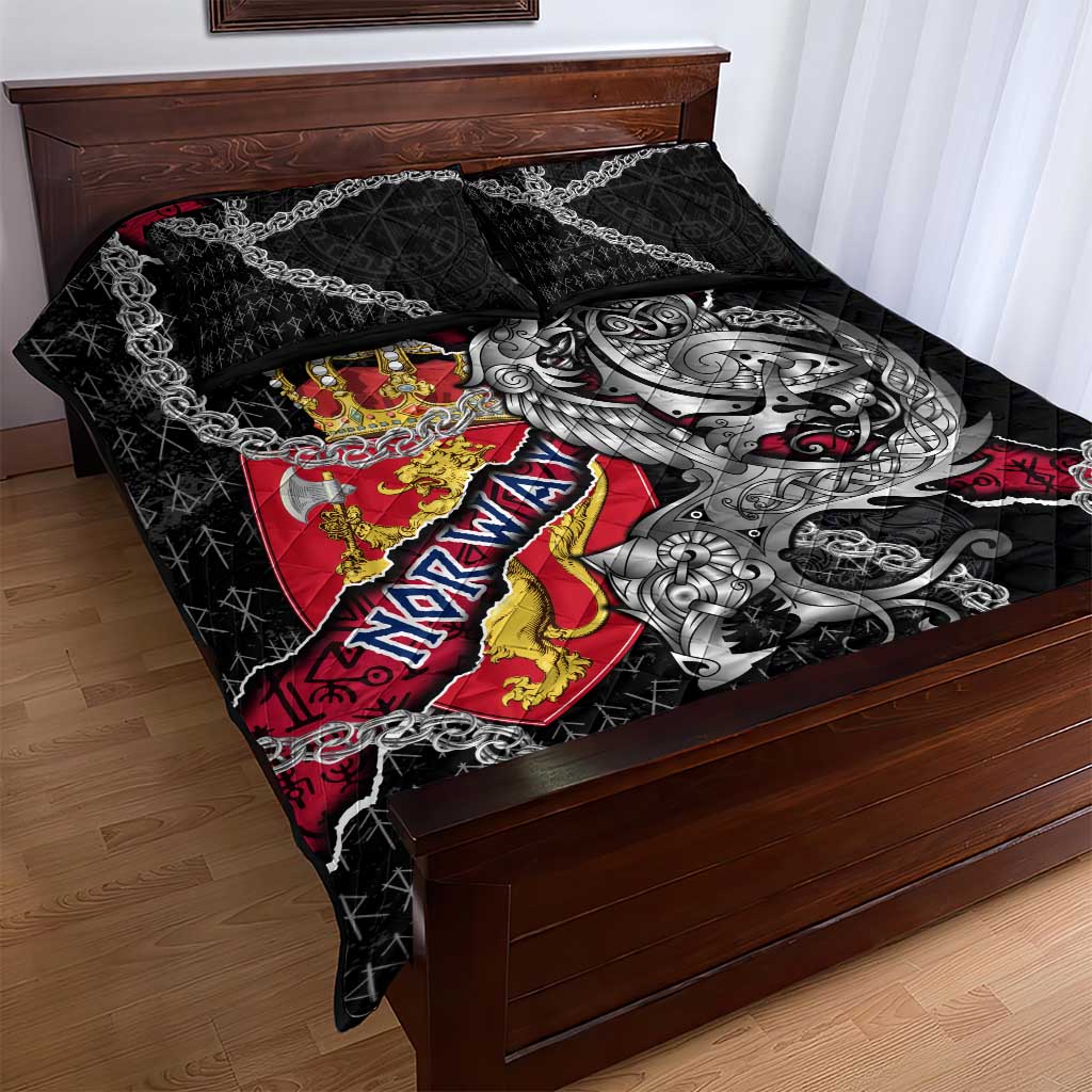 Norway Vikings Quilt Bed Set Nordic Lion Bound in Runes and Chains