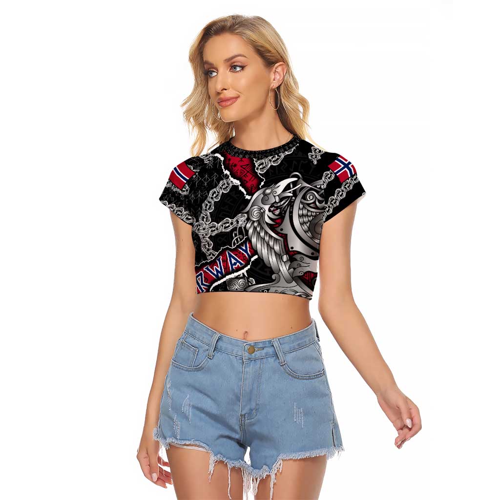 Personalized Norway Vikings Raglan Cropped T Shirt Nordic Lion Bound in Runes and Chains