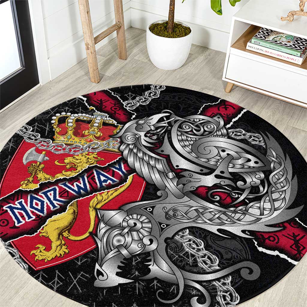 Norway Vikings Round Carpet Nordic Lion Bound in Runes and Chains