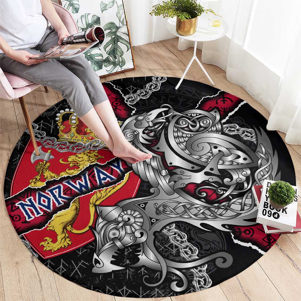 Norway Vikings Round Carpet Nordic Lion Bound in Runes and Chains