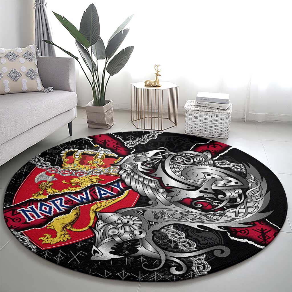 Norway Vikings Round Carpet Nordic Lion Bound in Runes and Chains