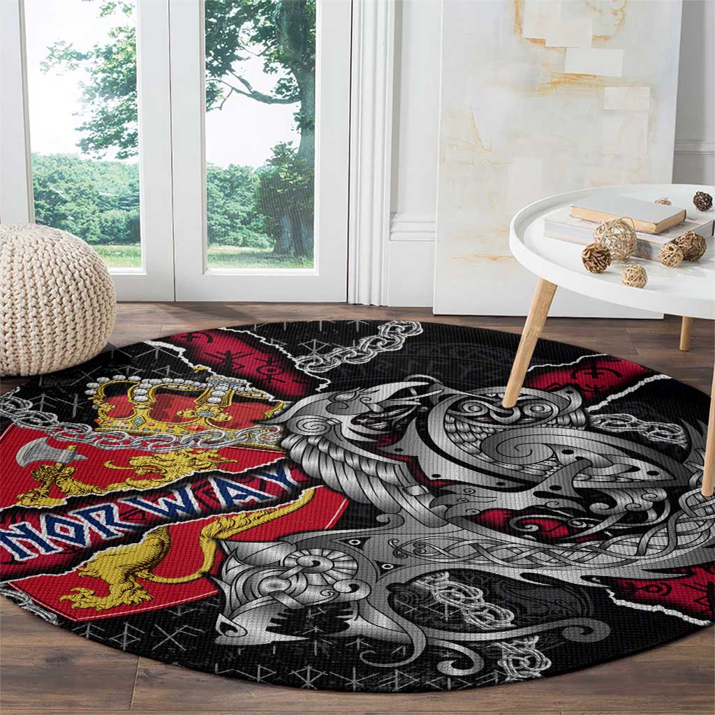 Norway Vikings Round Carpet Nordic Lion Bound in Runes and Chains