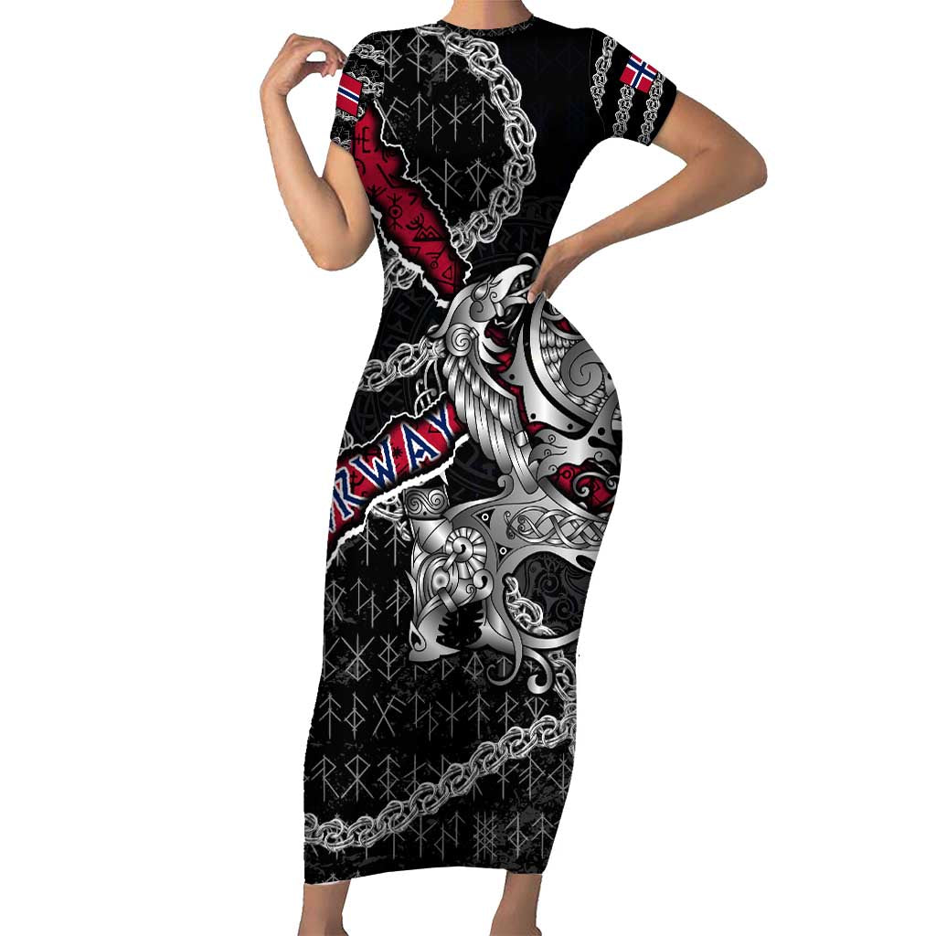 Personalized Norway Vikings Short Sleeve Bodycon Dress Nordic Lion Bound in Runes and Chains