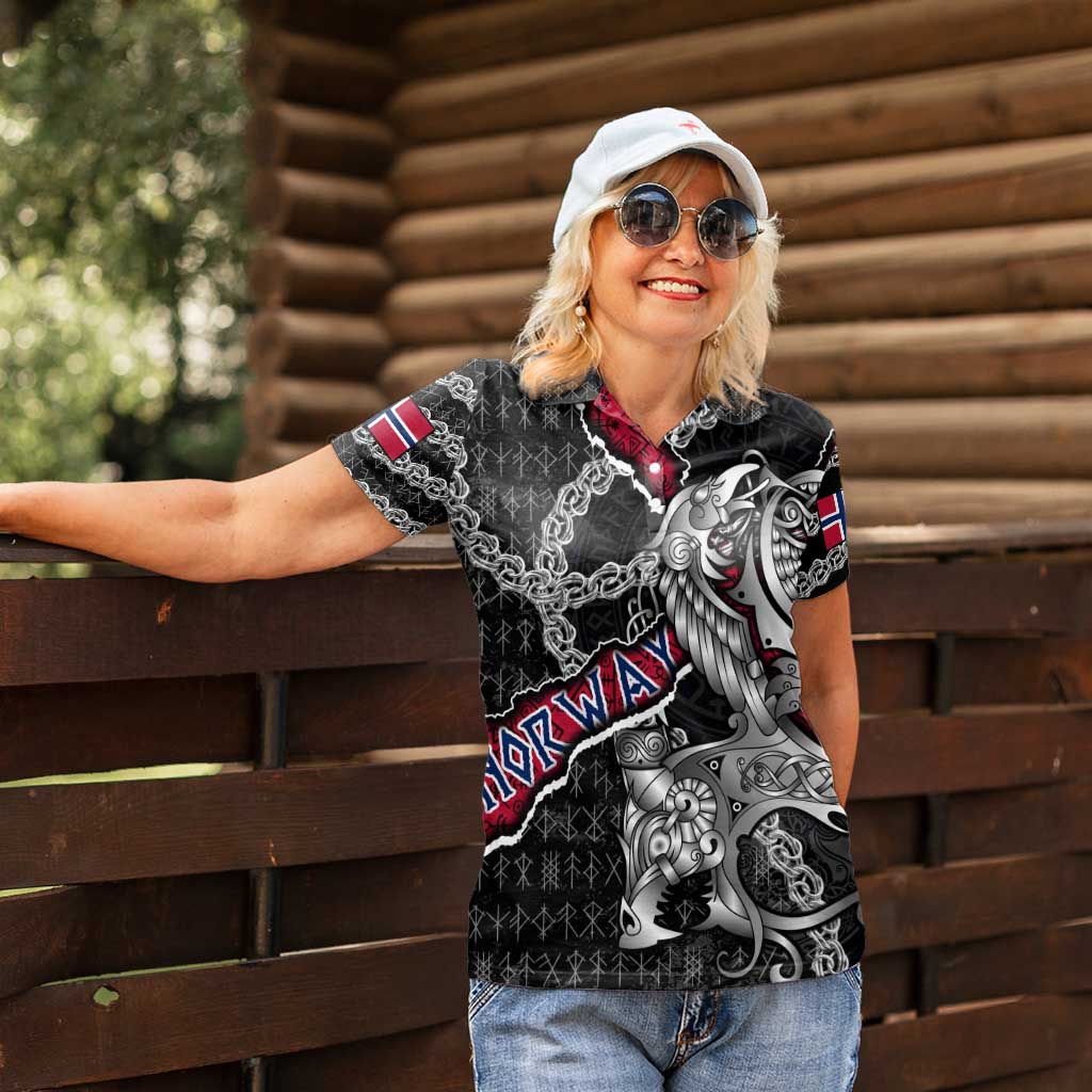 Personalized Norway Vikings Women Polo Shirt Nordic Lion Bound in Runes and Chains