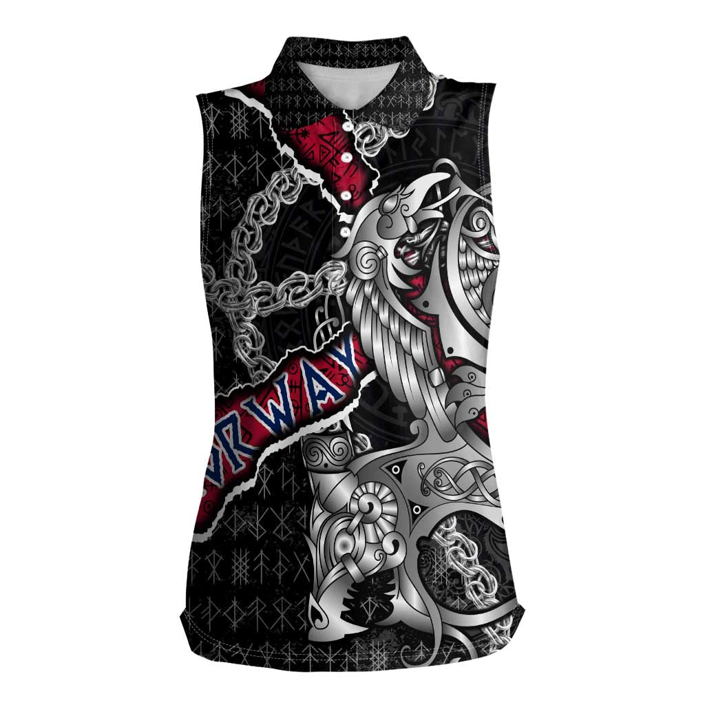 Personalized Norway Vikings Women Sleeveless Polo Shirt Nordic Lion Bound in Runes and Chains