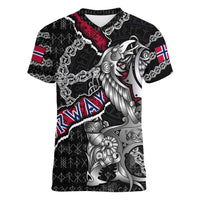Personalized Norway Vikings Women V-Neck T-Shirt Nordic Lion Bound in Runes and Chains