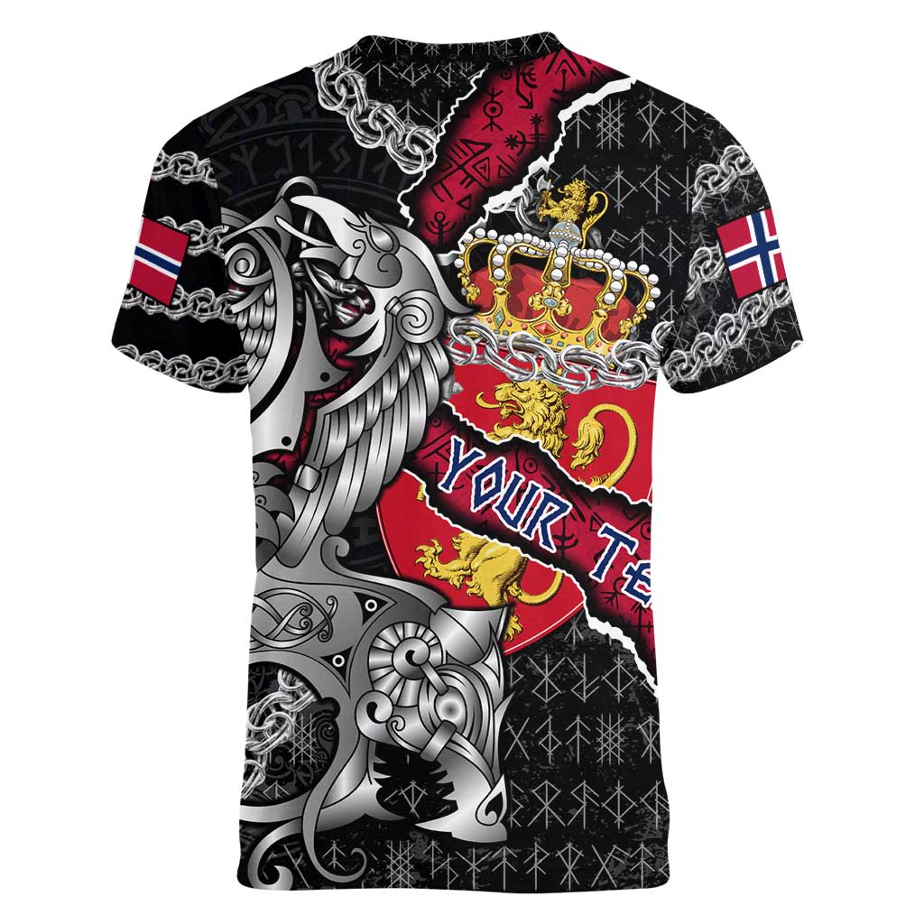 Personalized Norway Vikings Women V-Neck T-Shirt Nordic Lion Bound in Runes and Chains