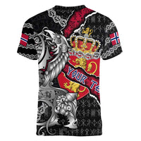 Personalized Norway Vikings Women V-Neck T-Shirt Nordic Lion Bound in Runes and Chains