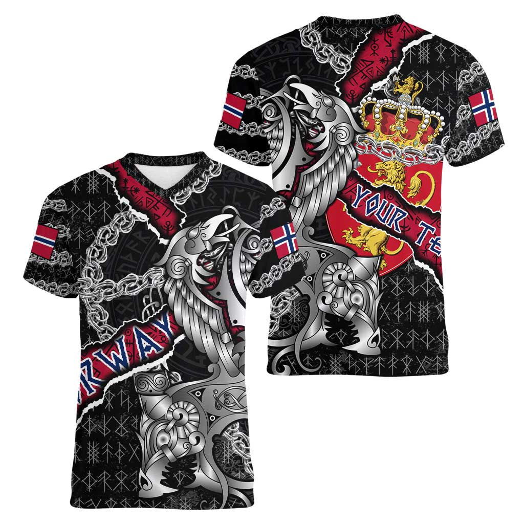 Personalized Norway Vikings Women V-Neck T-Shirt Nordic Lion Bound in Runes and Chains