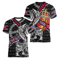 Personalized Norway Vikings Women V-Neck T-Shirt Nordic Lion Bound in Runes and Chains