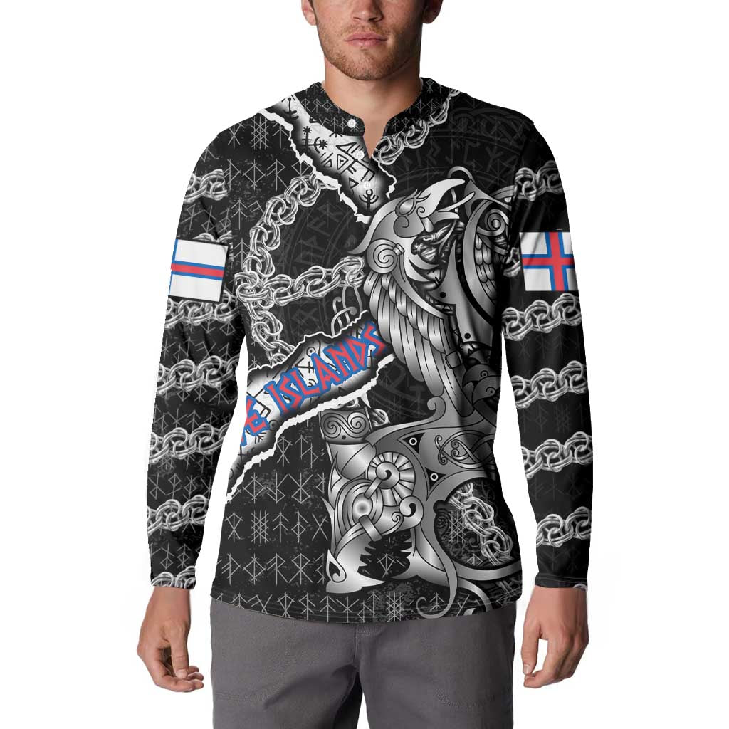 Personalized Faroe Islands Vikings Button Sweatshirt Nordic Lion Bound in Runes and Chains