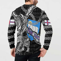 Personalized Faroe Islands Vikings Button Sweatshirt Nordic Lion Bound in Runes and Chains