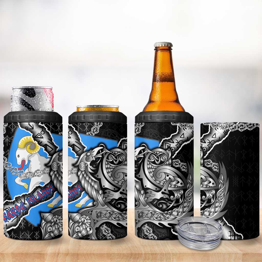 Faroe Islands Vikings 4 in 1 Can Cooler Tumbler Nordic Lion Bound in Runes and Chains