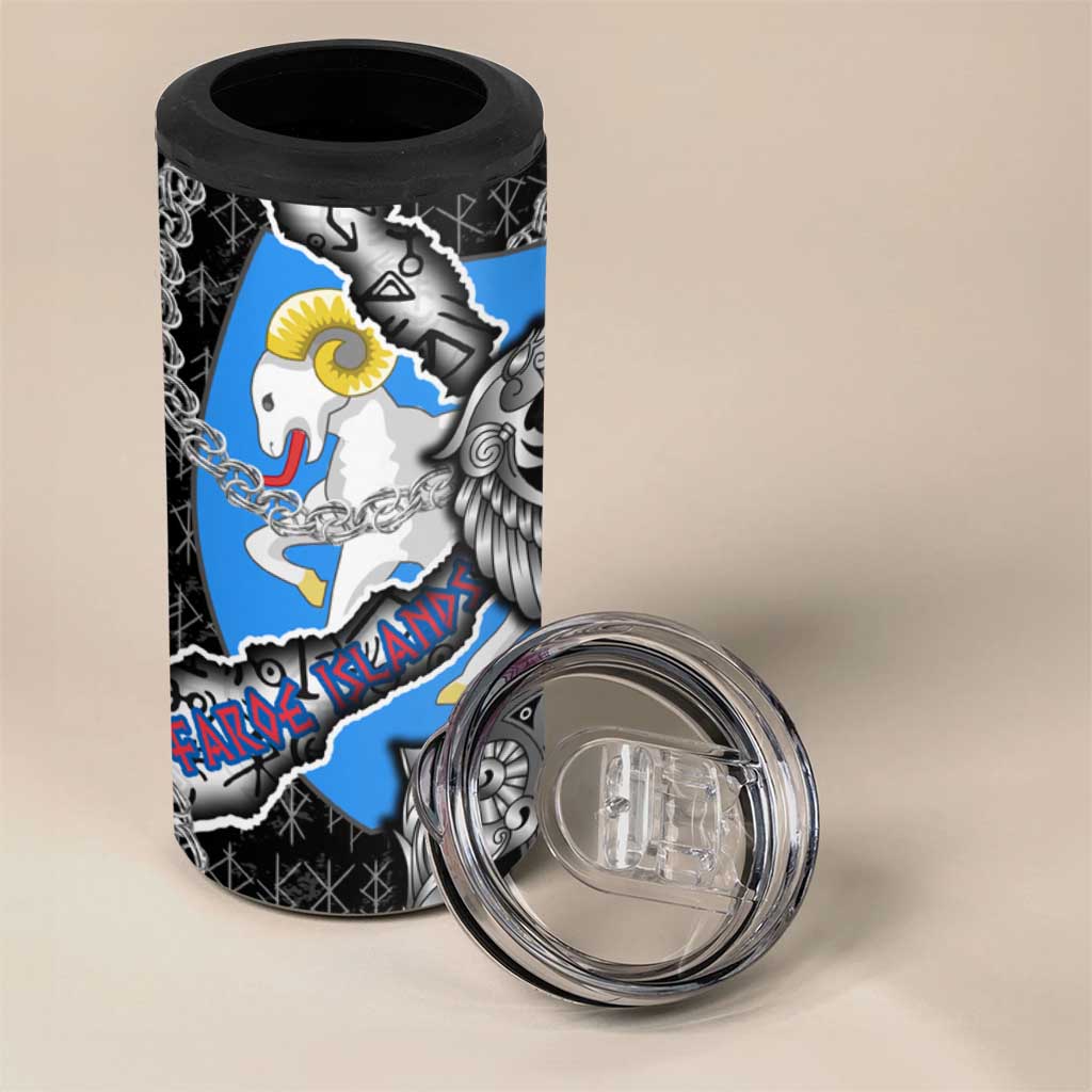 Faroe Islands Vikings 4 in 1 Can Cooler Tumbler Nordic Lion Bound in Runes and Chains