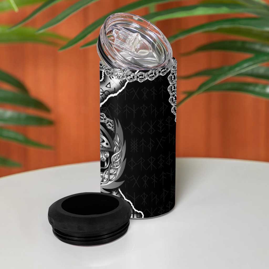 Faroe Islands Vikings 4 in 1 Can Cooler Tumbler Nordic Lion Bound in Runes and Chains