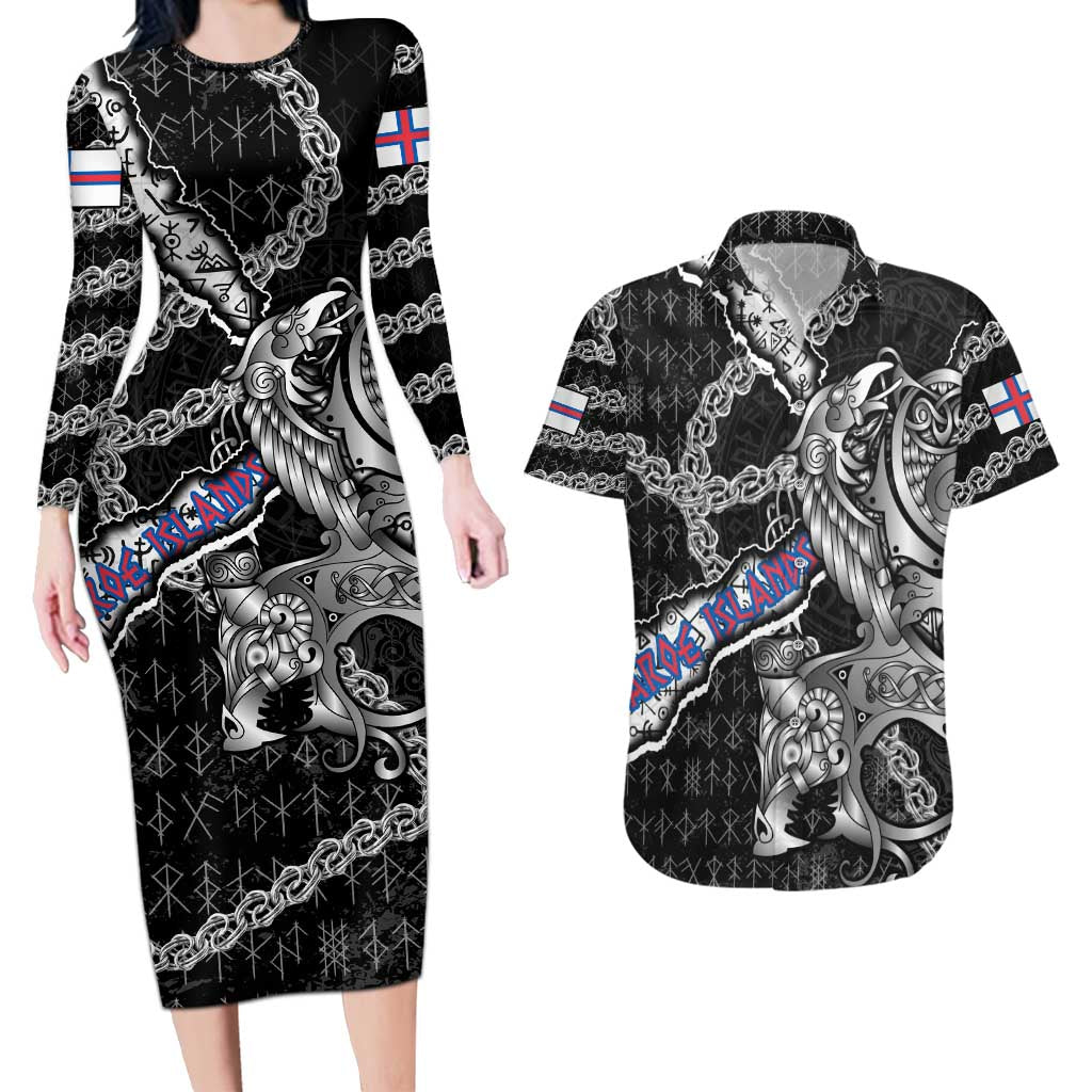 Personalized Faroe Islands Vikings Couples Matching Long Sleeve Bodycon Dress and Hawaiian Shirt Nordic Lion Bound in Runes and Chains