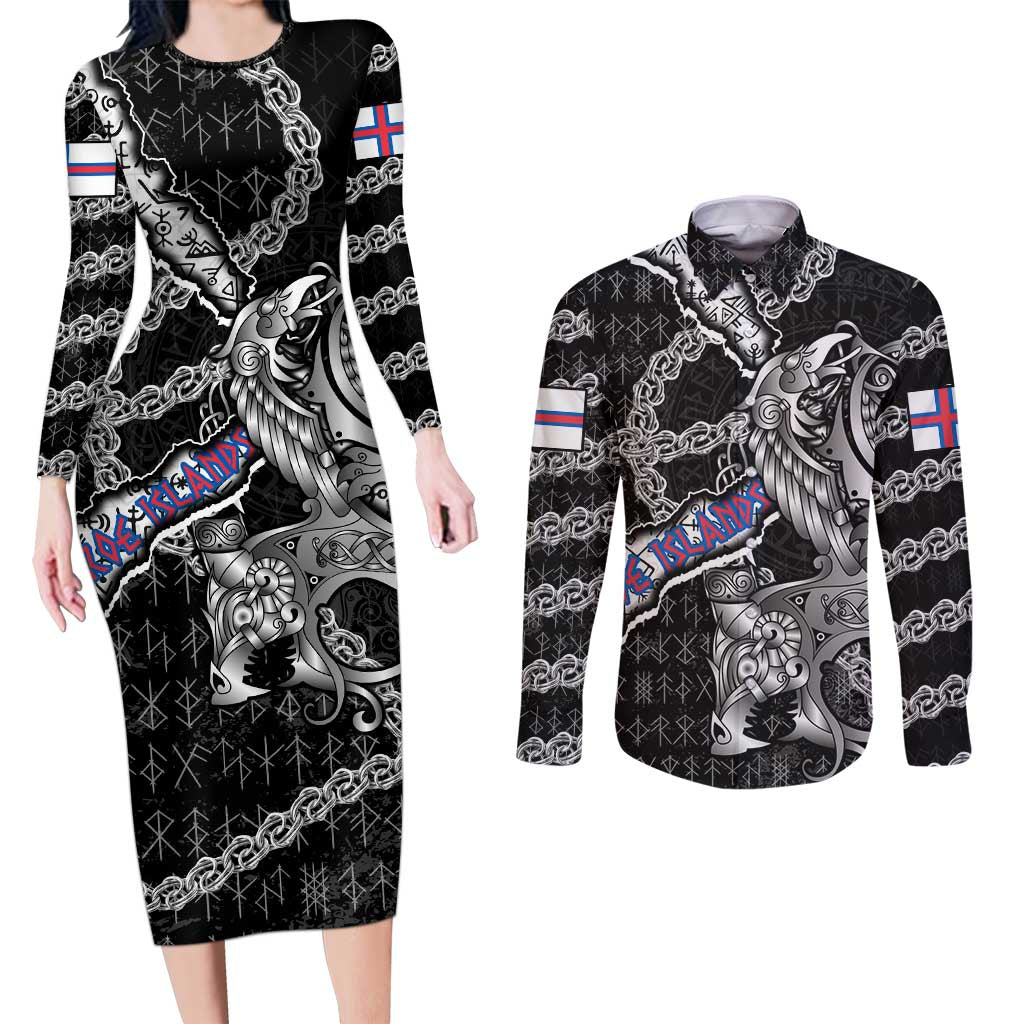 Personalized Faroe Islands Vikings Couples Matching Long Sleeve Bodycon Dress and Long Sleeve Button Shirt Nordic Lion Bound in Runes and Chains