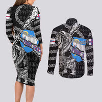 Personalized Faroe Islands Vikings Couples Matching Long Sleeve Bodycon Dress and Long Sleeve Button Shirt Nordic Lion Bound in Runes and Chains