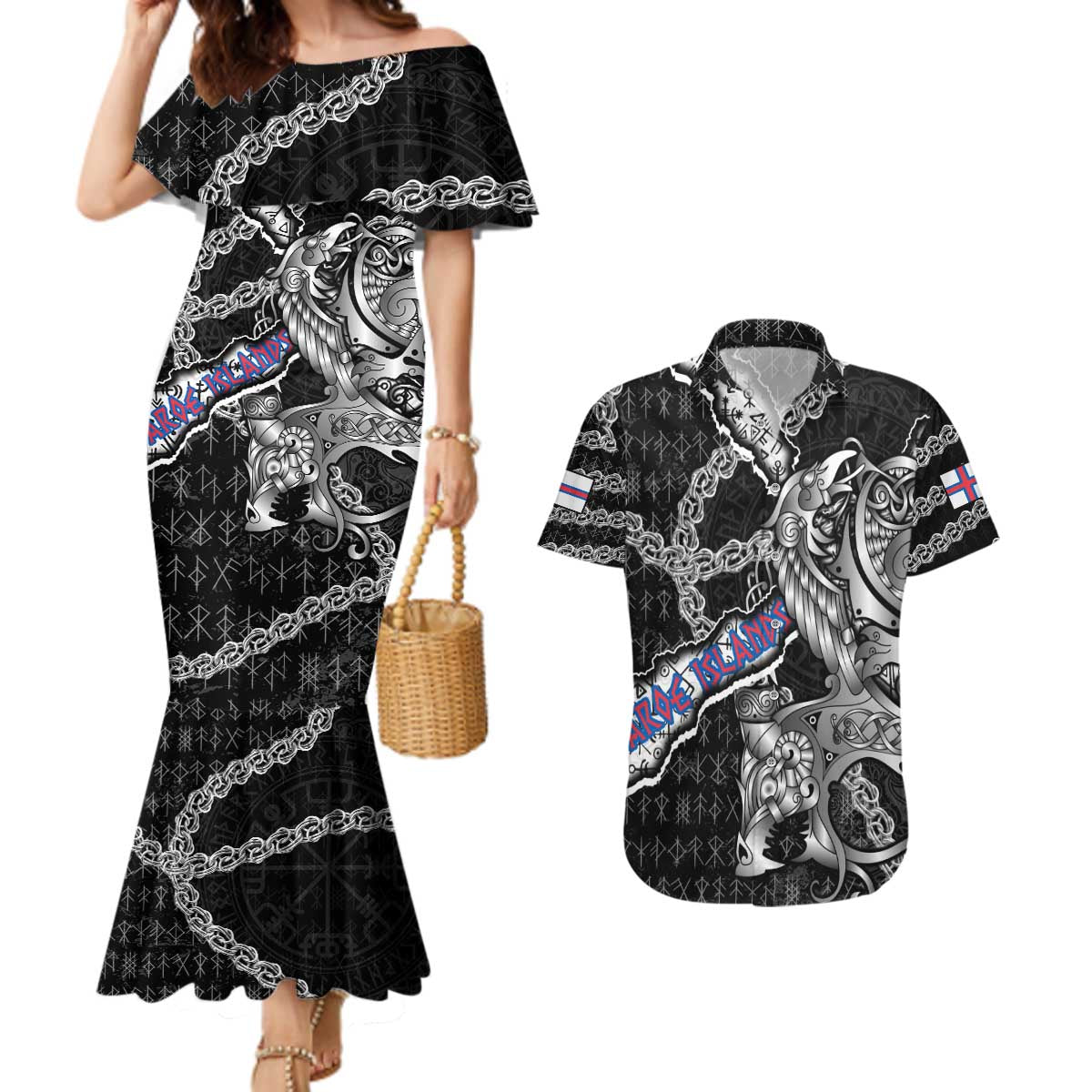 Personalized Faroe Islands Vikings Couples Matching Mermaid Dress and Hawaiian Shirt Nordic Lion Bound in Runes and Chains