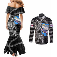 Personalized Faroe Islands Vikings Couples Matching Mermaid Dress and Long Sleeve Button Shirt Nordic Lion Bound in Runes and Chains