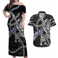 Personalized Faroe Islands Vikings Couples Matching Off Shoulder Maxi Dress and Hawaiian Shirt Nordic Lion Bound in Runes and Chains