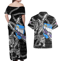 Personalized Faroe Islands Vikings Couples Matching Off Shoulder Maxi Dress and Hawaiian Shirt Nordic Lion Bound in Runes and Chains