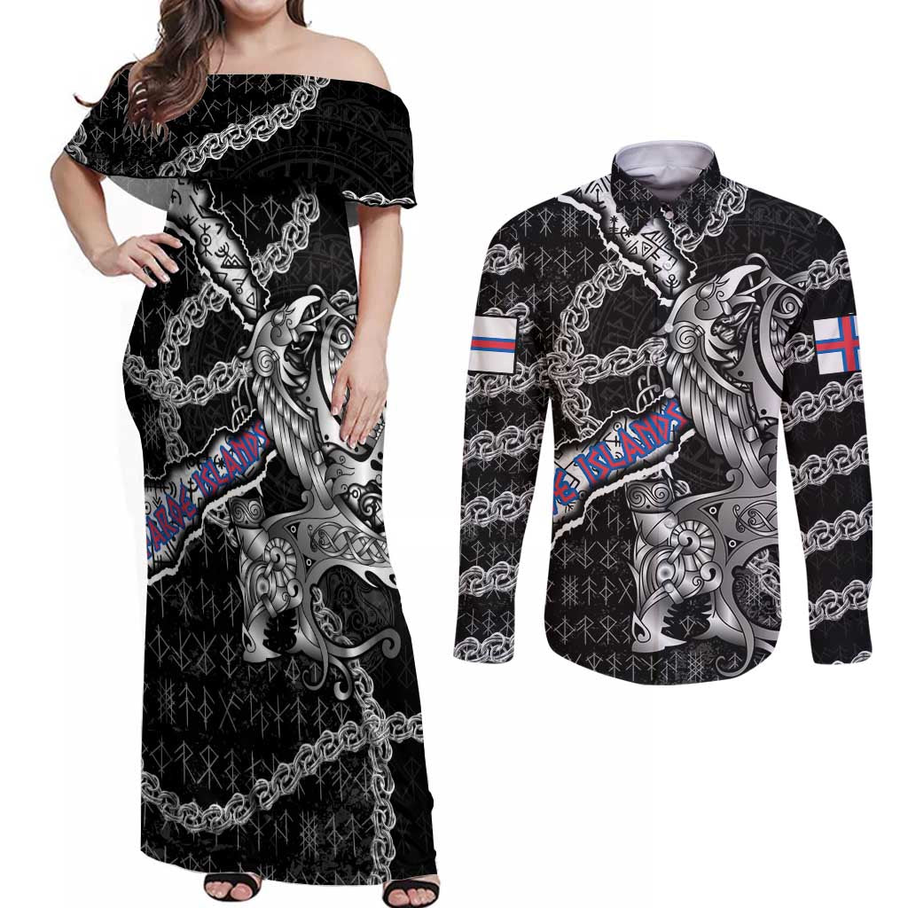Personalized Faroe Islands Vikings Couples Matching Off Shoulder Maxi Dress and Long Sleeve Button Shirt Nordic Lion Bound in Runes and Chains