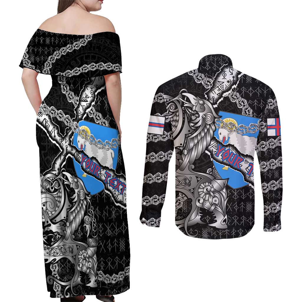 Personalized Faroe Islands Vikings Couples Matching Off Shoulder Maxi Dress and Long Sleeve Button Shirt Nordic Lion Bound in Runes and Chains