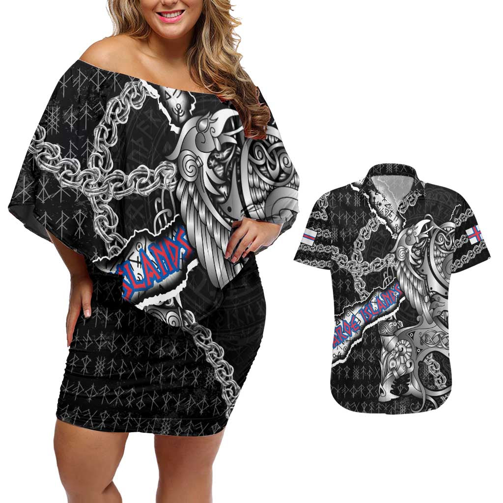 Personalized Faroe Islands Vikings Couples Matching Off Shoulder Short Dress and Hawaiian Shirt Nordic Lion Bound in Runes and Chains
