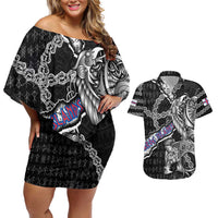 Personalized Faroe Islands Vikings Couples Matching Off Shoulder Short Dress and Hawaiian Shirt Nordic Lion Bound in Runes and Chains