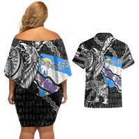 Personalized Faroe Islands Vikings Couples Matching Off Shoulder Short Dress and Hawaiian Shirt Nordic Lion Bound in Runes and Chains