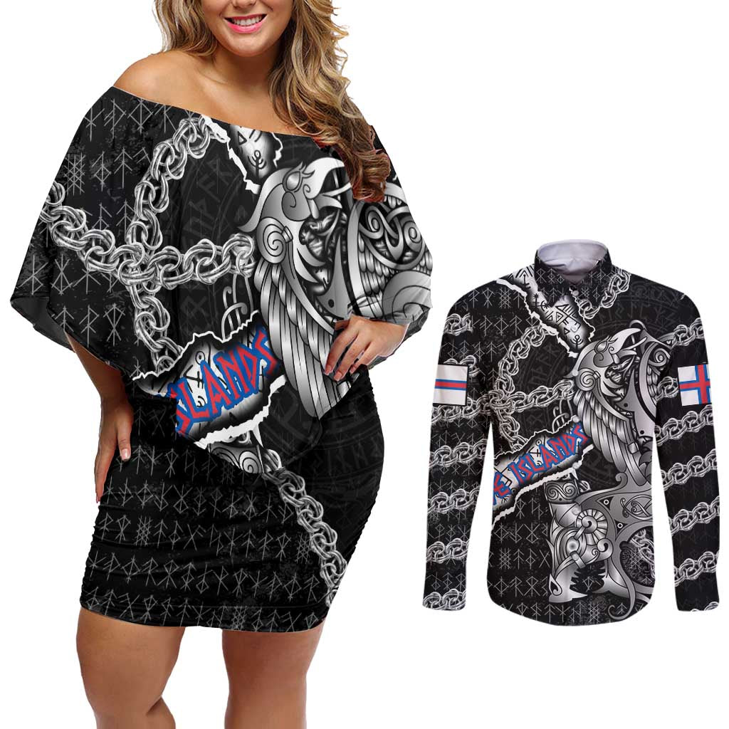 Personalized Faroe Islands Vikings Couples Matching Off Shoulder Short Dress and Long Sleeve Button Shirt Nordic Lion Bound in Runes and Chains