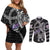 Personalized Faroe Islands Vikings Couples Matching Off Shoulder Short Dress and Long Sleeve Button Shirt Nordic Lion Bound in Runes and Chains