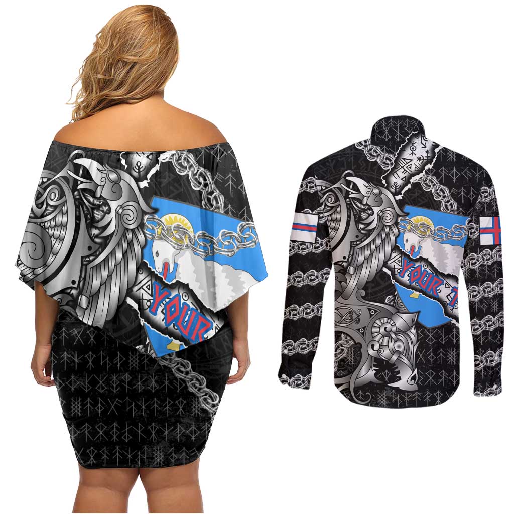 Personalized Faroe Islands Vikings Couples Matching Off Shoulder Short Dress and Long Sleeve Button Shirt Nordic Lion Bound in Runes and Chains