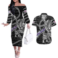 Personalized Faroe Islands Vikings Couples Matching Off The Shoulder Long Sleeve Dress and Hawaiian Shirt Nordic Lion Bound in Runes and Chains