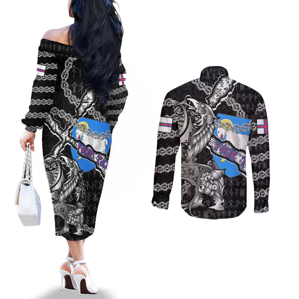 Personalized Faroe Islands Vikings Couples Matching Off The Shoulder Long Sleeve Dress and Long Sleeve Button Shirt Nordic Lion Bound in Runes and Chains