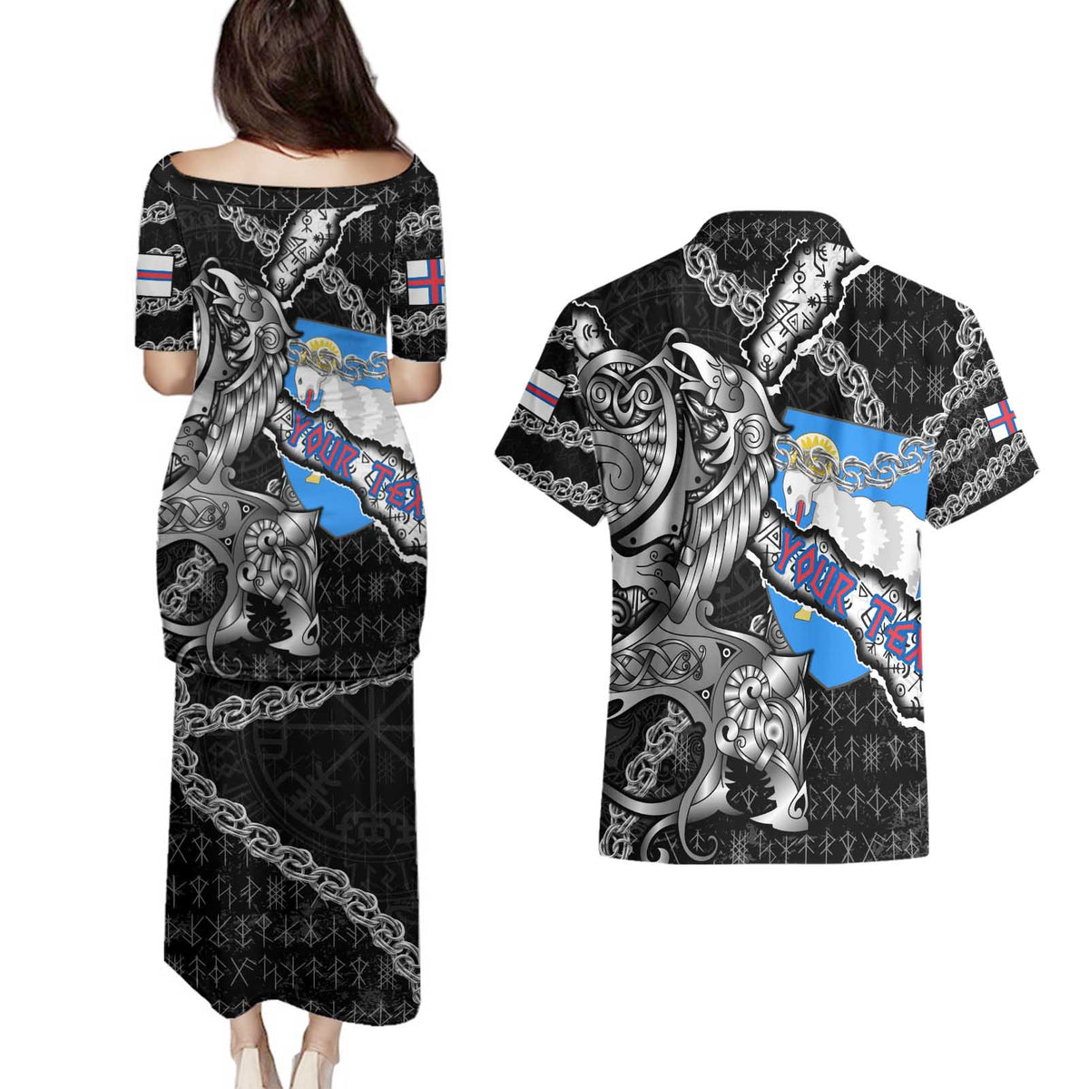 Personalized Faroe Islands Vikings Couples Matching Puletasi and Hawaiian Shirt Nordic Lion Bound in Runes and Chains