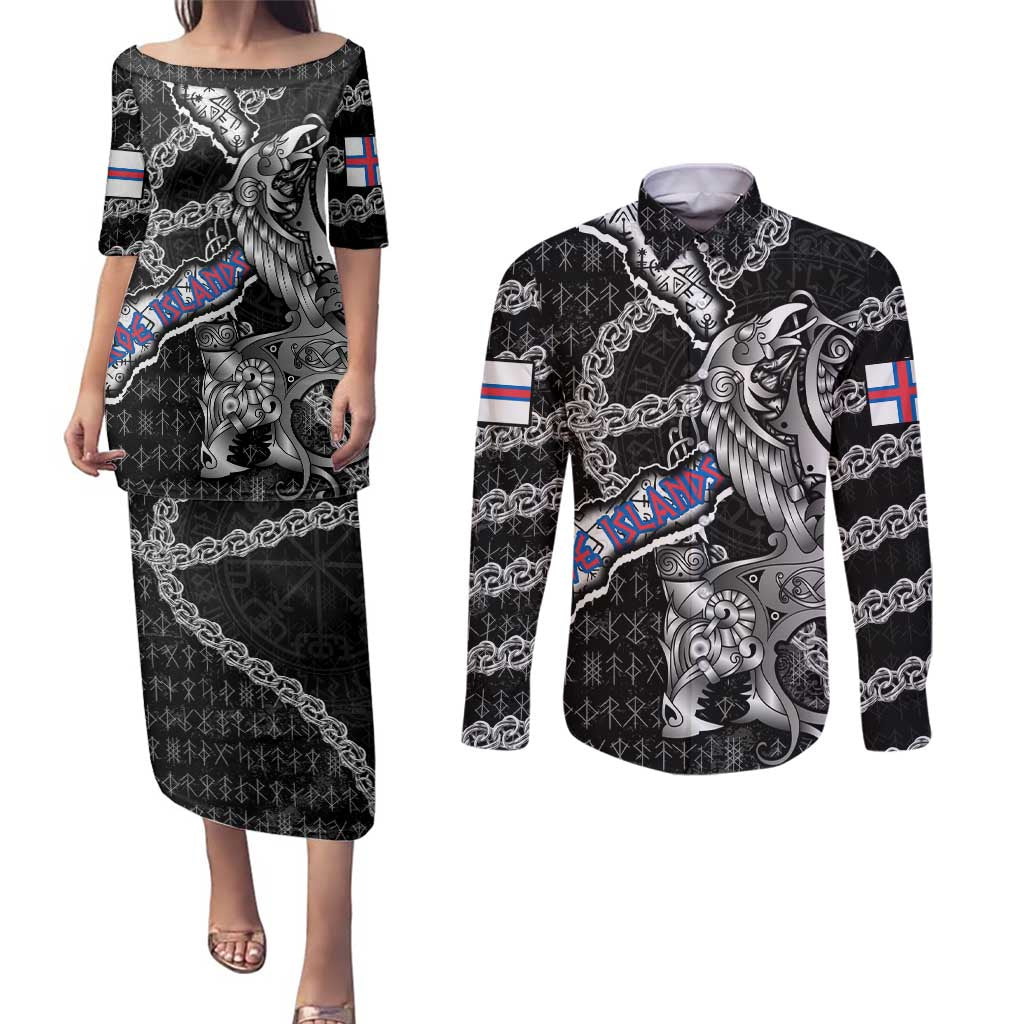 Personalized Faroe Islands Vikings Couples Matching Puletasi and Long Sleeve Button Shirt Nordic Lion Bound in Runes and Chains