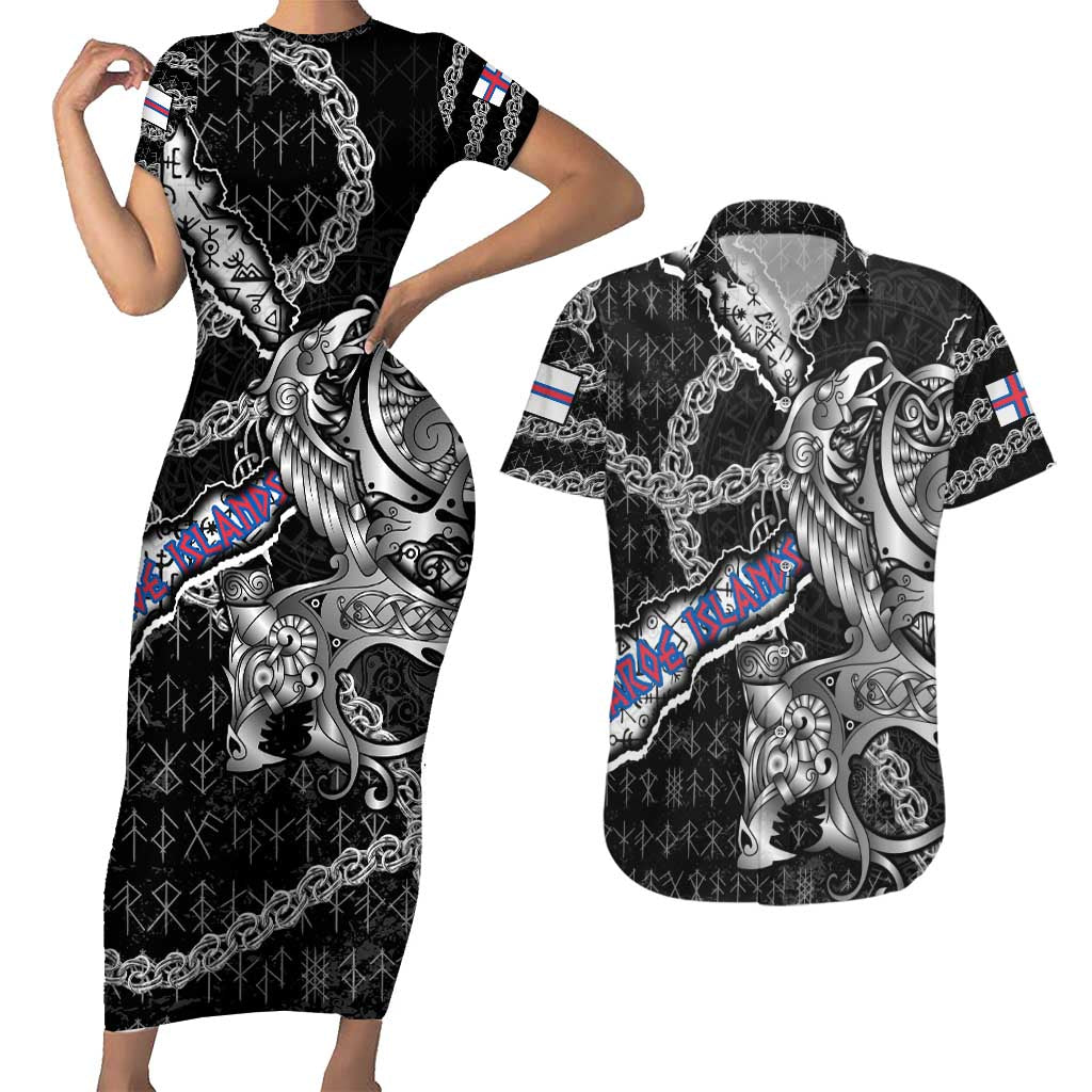 Personalized Faroe Islands Vikings Couples Matching Short Sleeve Bodycon Dress and Hawaiian Shirt Nordic Lion Bound in Runes and Chains