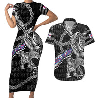 Personalized Faroe Islands Vikings Couples Matching Short Sleeve Bodycon Dress and Hawaiian Shirt Nordic Lion Bound in Runes and Chains
