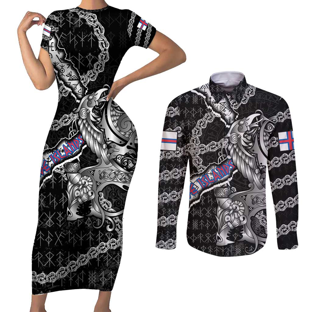 Personalized Faroe Islands Vikings Couples Matching Short Sleeve Bodycon Dress and Long Sleeve Button Shirt Nordic Lion Bound in Runes and Chains