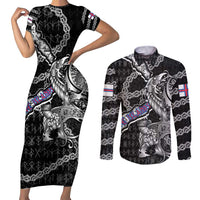 Personalized Faroe Islands Vikings Couples Matching Short Sleeve Bodycon Dress and Long Sleeve Button Shirt Nordic Lion Bound in Runes and Chains