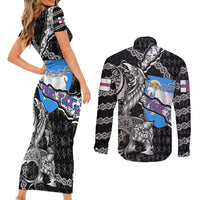 Personalized Faroe Islands Vikings Couples Matching Short Sleeve Bodycon Dress and Long Sleeve Button Shirt Nordic Lion Bound in Runes and Chains